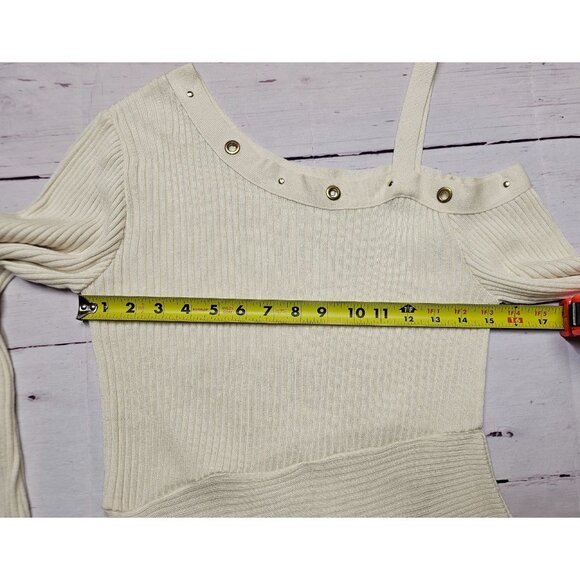 VENUS S IVORY CREAM COLD SHOULDER RIBBED KNIT GTOMMET TUNIC SIDE SLIT SWEATER TO - Picture 6 of 15
